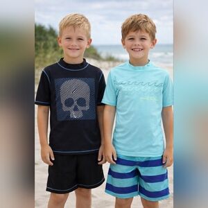 #894 2 Pc Cherokee/Cat & Jack Kids Swim Rashguards - Black & Light Blue Sz 12/14